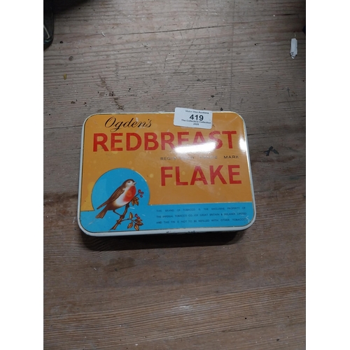 419 - Ogden's Redbreast tin plate advertising box. {3 cm H x 17 cm W x 12 cm D}.