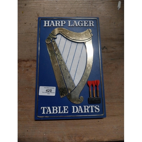 420 - Harp Lager table darts set. { 26cm H X 16cm W }.