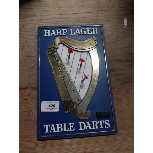 420 - Harp Lager table darts set. { 26cm H X 16cm W }.