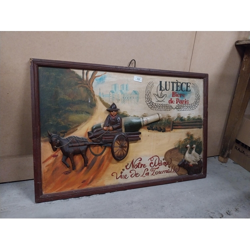 422 - Lutece Biere De Paris wooden advertising board. {32 cm H x 80 cm W}