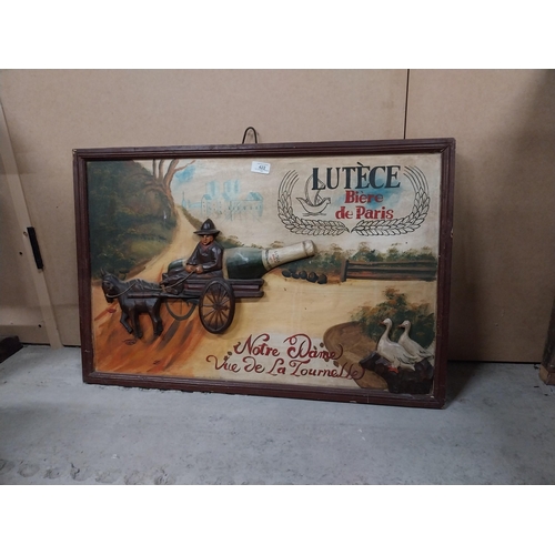 422 - Lutece Biere De Paris wooden advertising board. {32 cm H x 80 cm W}