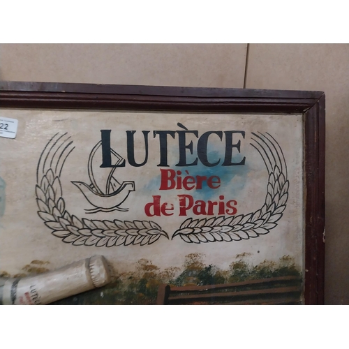 422 - Lutece Biere De Paris wooden advertising board. {32 cm H x 80 cm W}