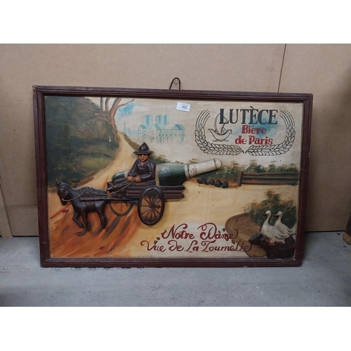 422 - Lutece Biere De Paris wooden advertising board. {32 cm H x 80 cm W}