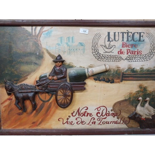 422 - Lutece Biere De Paris wooden advertising board. {32 cm H x 80 cm W}