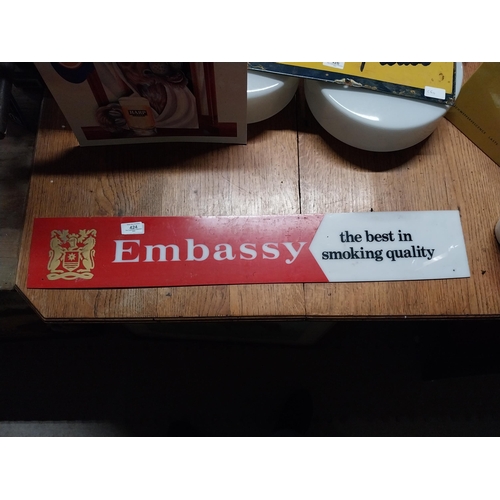 424 - 1970's Embassy Cigarettes acrylic advertising sign {13 cm H x 82 cm W}.