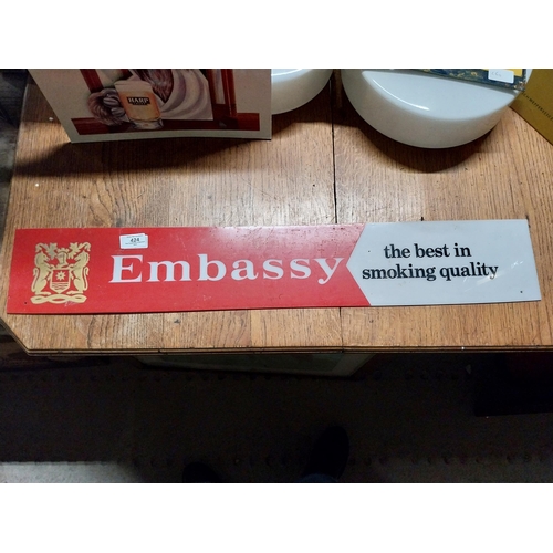 424 - 1970's Embassy Cigarettes acrylic advertising sign {13 cm H x 82 cm W}.