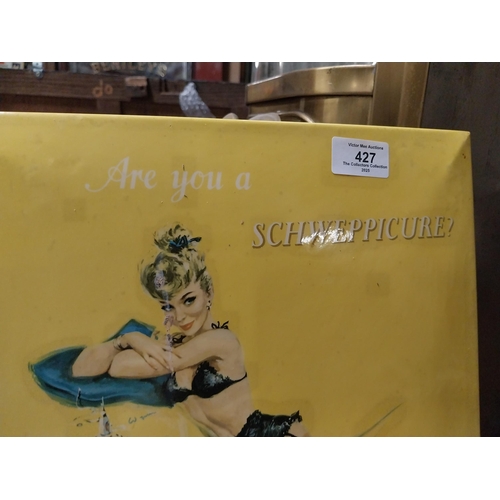 427 - 1950's Are you a Schweppicure celluloid counter sign. {27cm H x 29 cm W}.