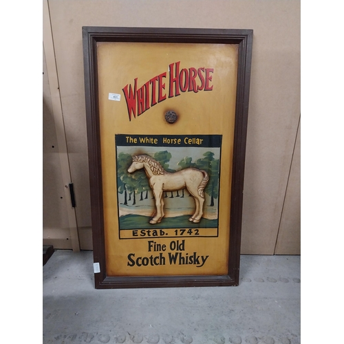 431 - White Horse Scotch Whiskey wooden advertising sign. {90 cm H x 55 cm W}.