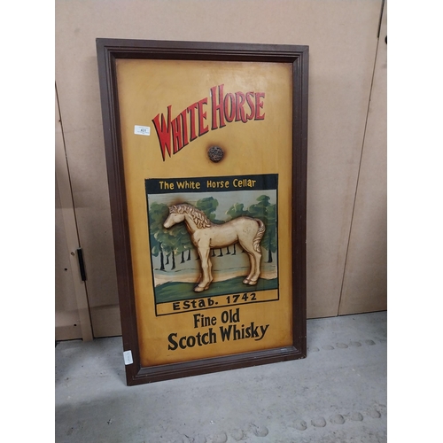 431 - White Horse Scotch Whiskey wooden advertising sign. {90 cm H x 55 cm W}.