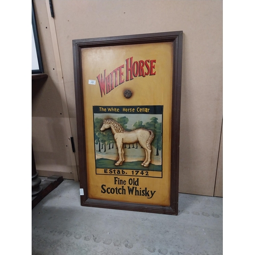 431 - White Horse Scotch Whiskey wooden advertising sign. {90 cm H x 55 cm W}.