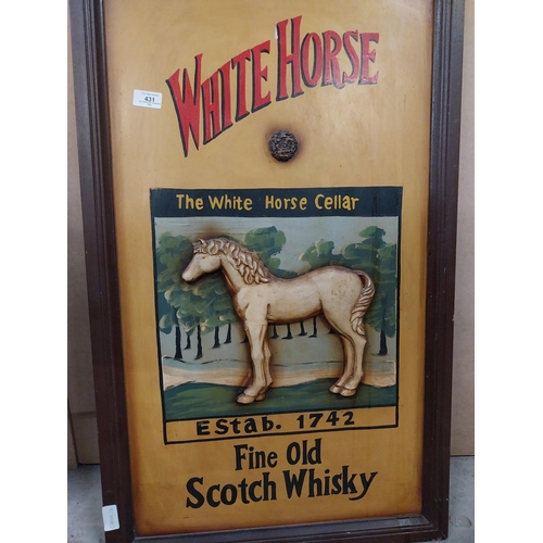 431 - White Horse Scotch Whiskey wooden advertising sign. {90 cm H x 55 cm W}.