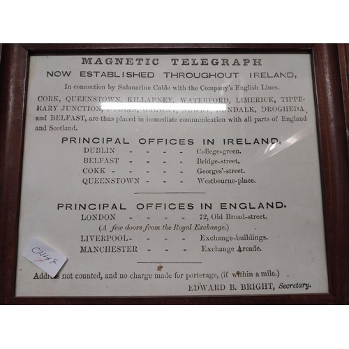 434 - Framed Magnetic Telegraph Timetable Ireland. {30 cm H x 36 cm W}.