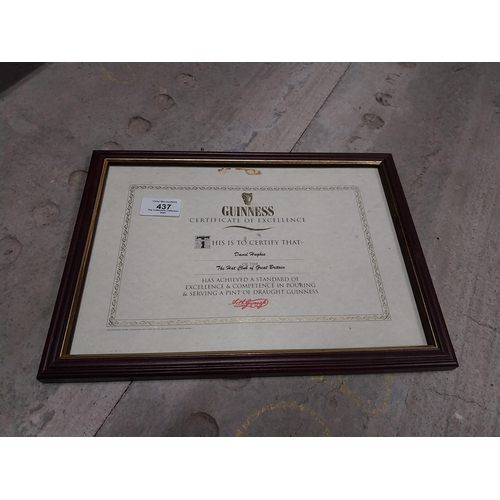 437 - Framed Guinness Certificate of Excellence The Hat Club of Great Britain Competency Certificate. {34 ... 