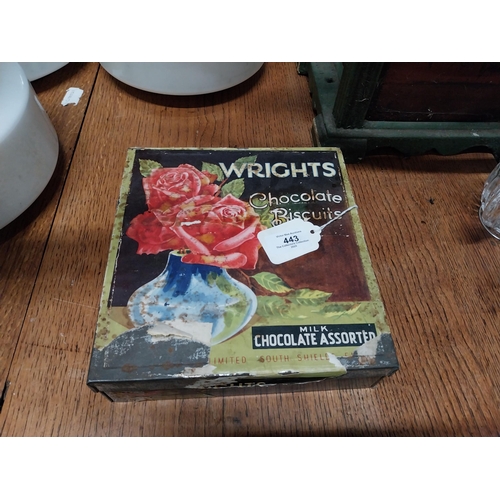 443 - Wright's Chocolate Biscuit advertising tin. {6 cm H x 22 cm W x 23 cm D}.