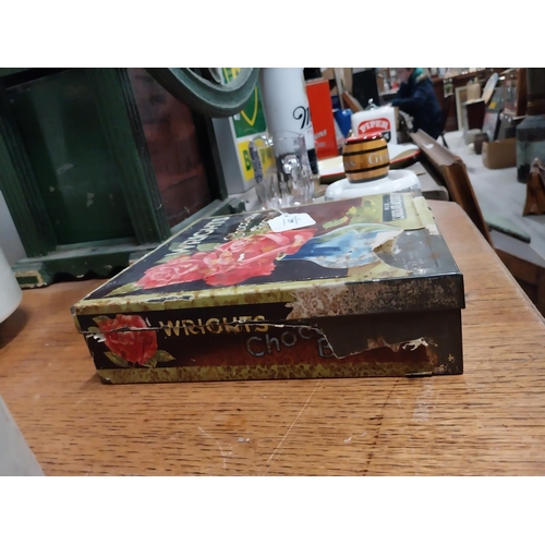 443 - Wright's Chocolate Biscuit advertising tin. {6 cm H x 22 cm W x 23 cm D}.