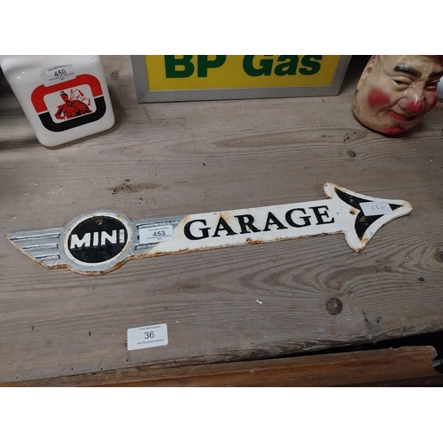 453 - Cast iron Mini Garage arrow sign. {11 cm H x 50 cm W}.