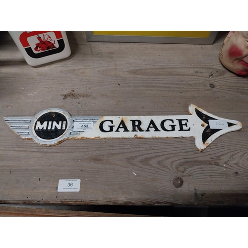 453 - Cast iron Mini Garage arrow sign. {11 cm H x 50 cm W}.