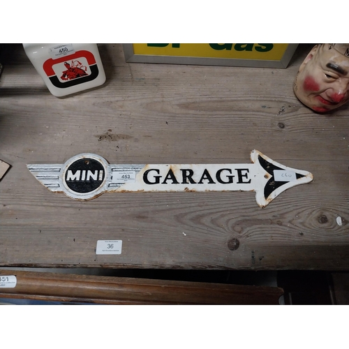 453 - Cast iron Mini Garage arrow sign. {11 cm H x 50 cm W}.