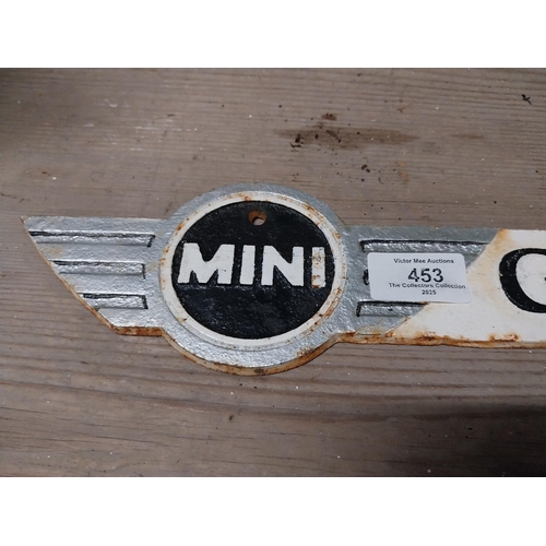 453 - Cast iron Mini Garage arrow sign. {11 cm H x 50 cm W}.