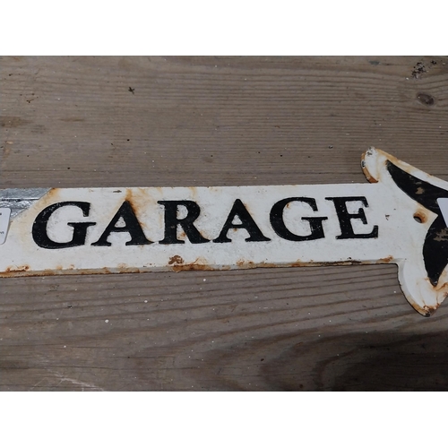 453 - Cast iron Mini Garage arrow sign. {11 cm H x 50 cm W}.