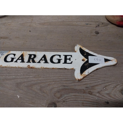 453 - Cast iron Mini Garage arrow sign. {11 cm H x 50 cm W}.