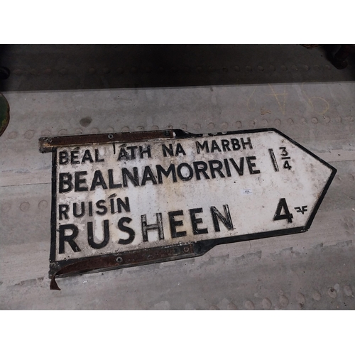 454 - Ballinamorrive/ Rusheen bi lingual double sided alloy road sign. {43 cm H x 98 cm W}.