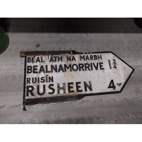 454 - Ballinamorrive/ Rusheen bi lingual double sided alloy road sign. {43 cm H x 98 cm W}.