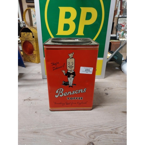 455 - Bensons Toffees advertising tin. {23 cm H x 16 cm W x 16 cm D}.