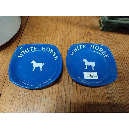 470 - Two White Horse Scotch Whiskey Wade ceramice advertising ashtrays. {3 cm H x 14 cm W x 14 cm D}.