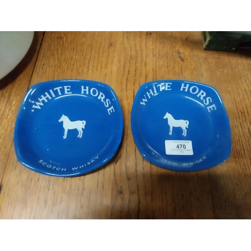 470 - Two White Horse Scotch Whiskey Wade ceramice advertising ashtrays. {3 cm H x 14 cm W x 14 cm D}.