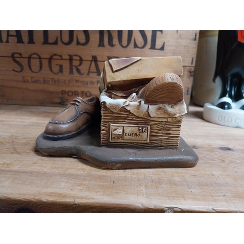 484 - Pikolinos ceramic advertising shoebox.{10 cm H x 19 cm W x 18 cm D}.