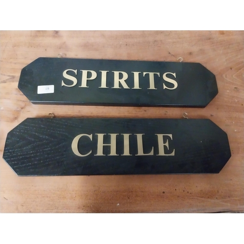 49 - Spirits and Chile wooden hanging advertising sign. {13 cm H x 50 cm W}.