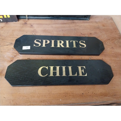 49 - Spirits and Chile wooden hanging advertising sign. {13 cm H x 50 cm W}.