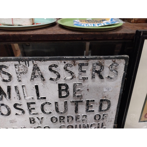 495 - Alloy Trespassers will be prosecuted Kildare County Council sign. {44 cm H x 77 cm W}.