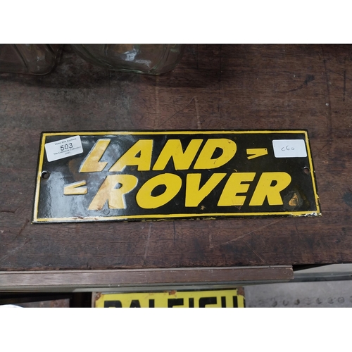 503 - Land Rover enamel advertising sign. {10 cm H x 30 cm W}.