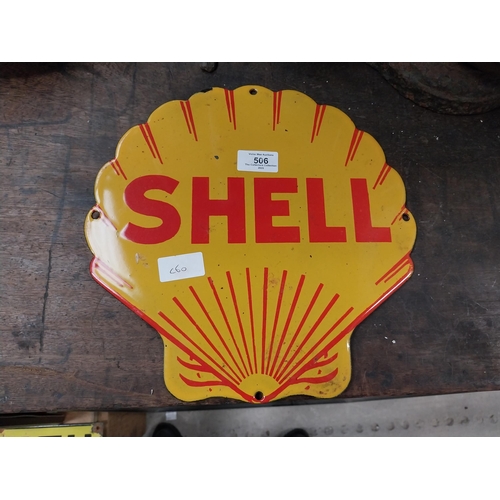 506 - Shell enamel advertising sign. {30 cm H x 30 cm W}.