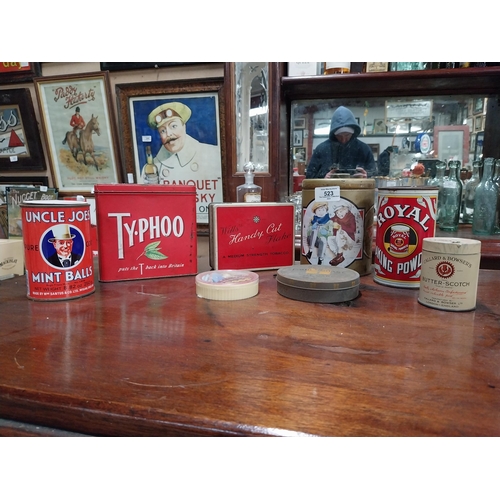 523 - Collection of eight advertising tins - Typhoo Tea Royal Bakin Powder etc. {14 cm H x 11 cm Dia to 3 ... 