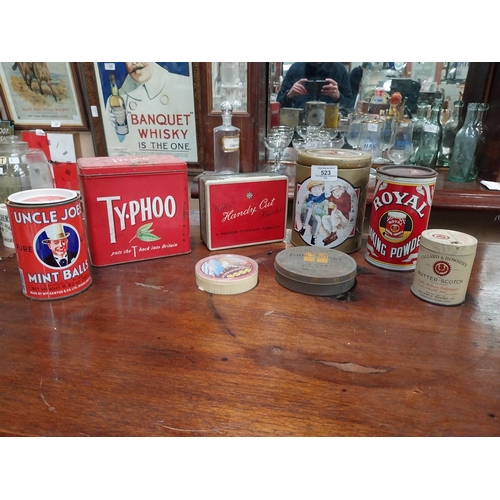 523 - Collection of eight advertising tins - Typhoo Tea Royal Bakin Powder etc. {14 cm H x 11 cm Dia to 3 ... 