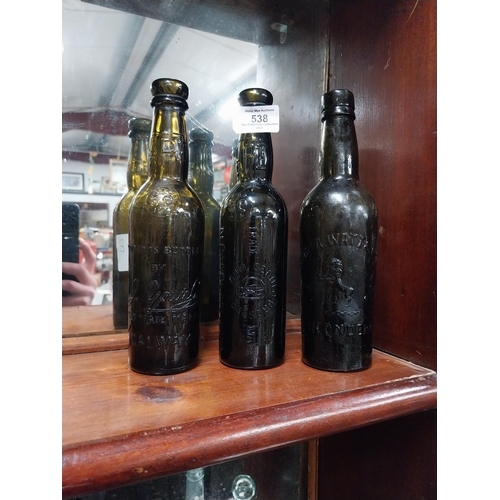 538 - M Carolan Dundalk bottle and A W Watts Londonderry and J Young Galway beer bottles. {23 cm H x 6 cm ... 