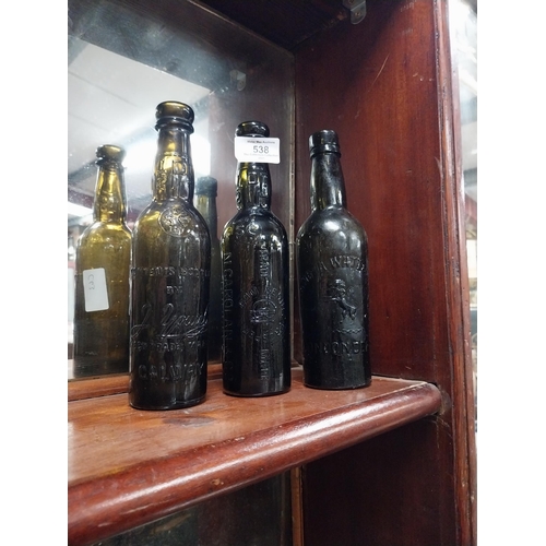 538 - M Carolan Dundalk bottle and A W Watts Londonderry and J Young Galway beer bottles. {23 cm H x 6 cm ... 