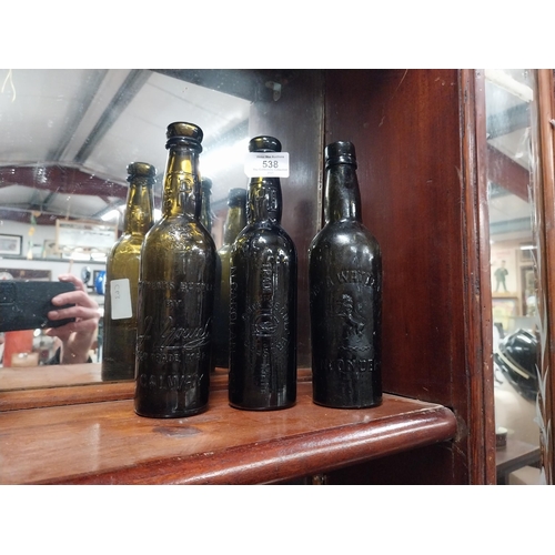 538 - M Carolan Dundalk bottle and A W Watts Londonderry and J Young Galway beer bottles. {23 cm H x 6 cm ... 