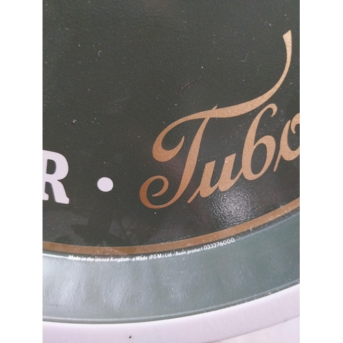 54 - Two Tuborg Lager tin  plate drinks tray. {27 cm Dia}.