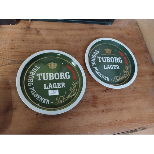 54 - Two Tuborg Lager tin  plate drinks tray. {27 cm Dia}.