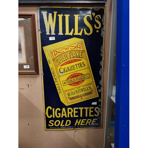 546 - Wills's Gold Flake Cigarettes Sold Here enamel advertising sign. {90 cm H x 45 cm W}.