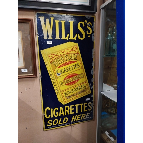 546 - Wills's Gold Flake Cigarettes Sold Here enamel advertising sign. {90 cm H x 45 cm W}.