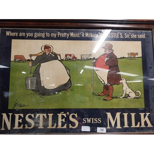 548 - Nestle Swiss Milk framed advertising showcard {57 cm H x 77 cm W}.