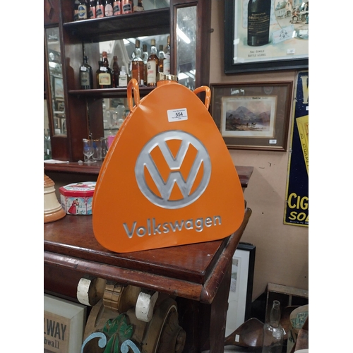 554 - Volkswagon metal oil can. {33 cm H x 31 cm W x 11 cm D}.