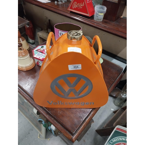 554 - Volkswagon metal oil can. {33 cm H x 31 cm W x 11 cm D}.