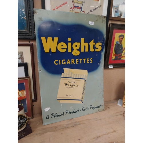 558 - Player's Weights Cigarettes tin plate advertising sign. {74 cm H x 50 cm W}.