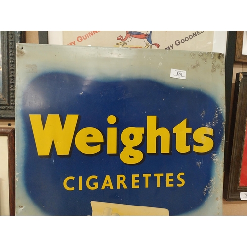 558 - Player's Weights Cigarettes tin plate advertising sign. {74 cm H x 50 cm W}.